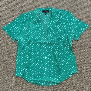 NEW AYR The Finn Polka Dot Short Sleeve Button Down Shirt XS Green Goddess Silk